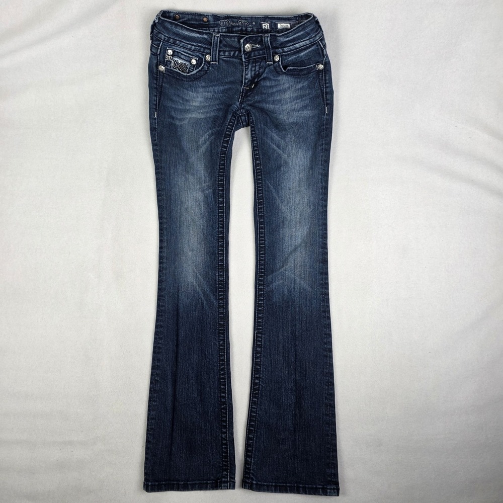 Vintage Y2k Miss Me Boot Cut Jeans Womens 27x33 Blue Fade Flap Pockets